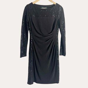 Lauren Ralph Lauren Black Long Sleeve Sequined Ruched Mini Dress Size 8